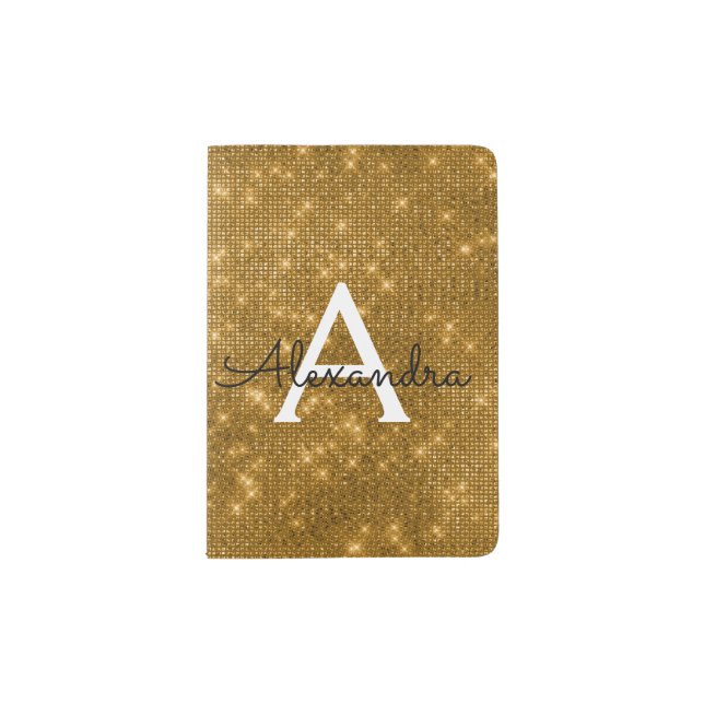 Gold Sparkle Bling Girly Monogram Name Passport Holder (Front)