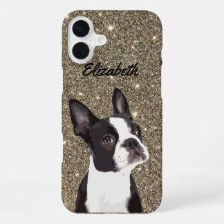Gold Sparkle Boston Terrier Name Dog iPhone 16 Plus Case