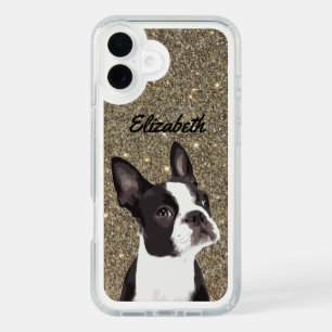 Gold Sparkle Boston Terrier Name Dog iPhone 16 Plus Case