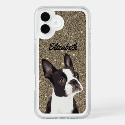 Gold Sparkle Boston Terrier Name Dog iPhone 16 Plus Case