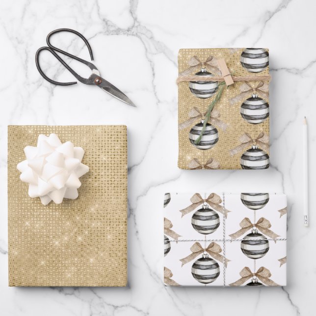 Gold Sparkle Christmas Black Stripes Ornament Bow Wrapping Paper Sheets (Front)