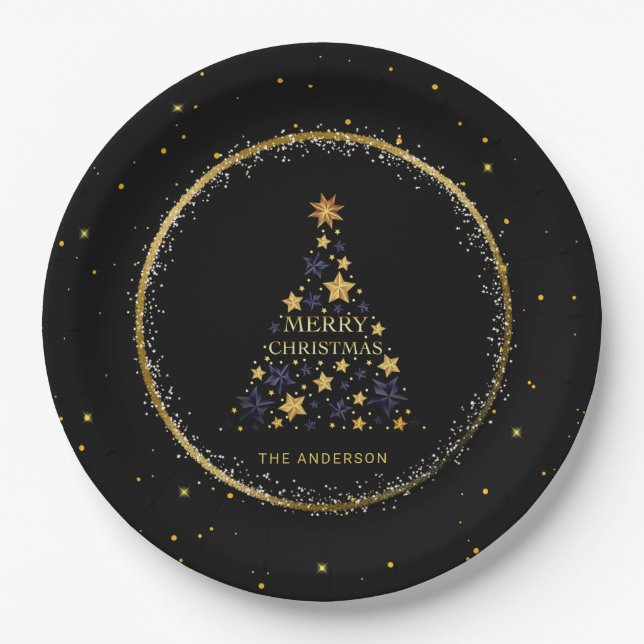 Gold Sparkle Christmas Tree Holiday Paper Plates (Front)
