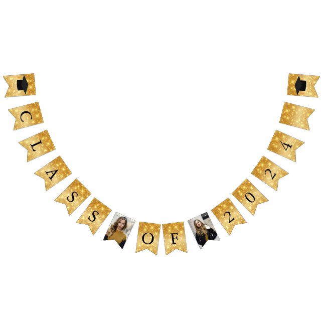 Gold Sparkle Class of 2024 Photo Graduation Party Bunting Flags (All)