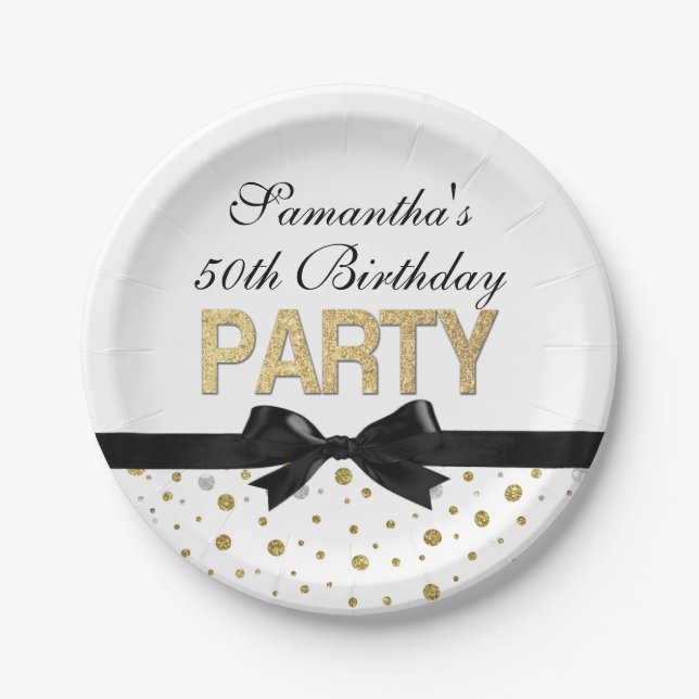 Gold Sparkle Confetti 50th Birthday Party Paper Plates (Front)