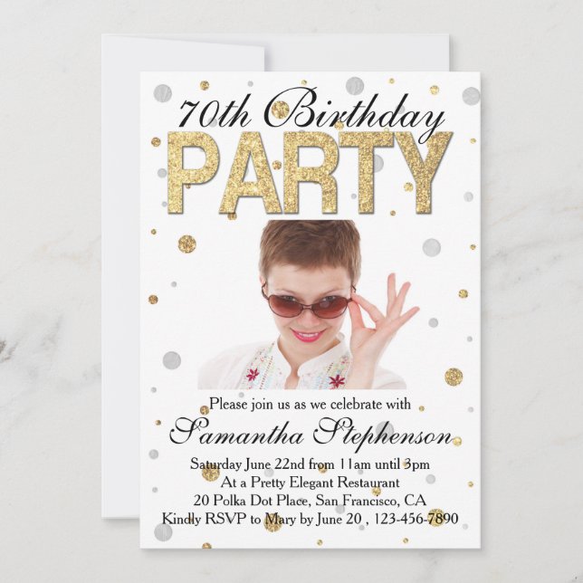 Gold Sparkle Confetti Photo 70th Birthday Party Invitation (Front)