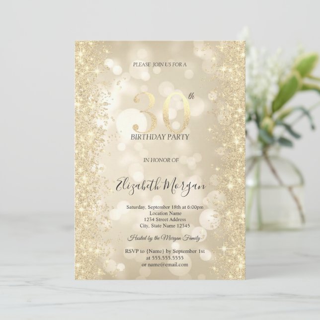 Gold Sparkle Diamonds Bokeh 30th Birthday   Invitation (Standing Front)