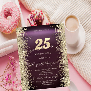 Gold Sparkle Diamonds Burgundy 25th Birthday Invitation
