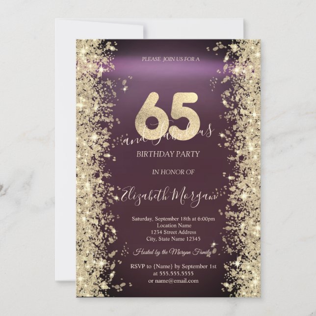 Gold Sparkle Diamonds Burgundy 65th Birthday   Invitation (Front)