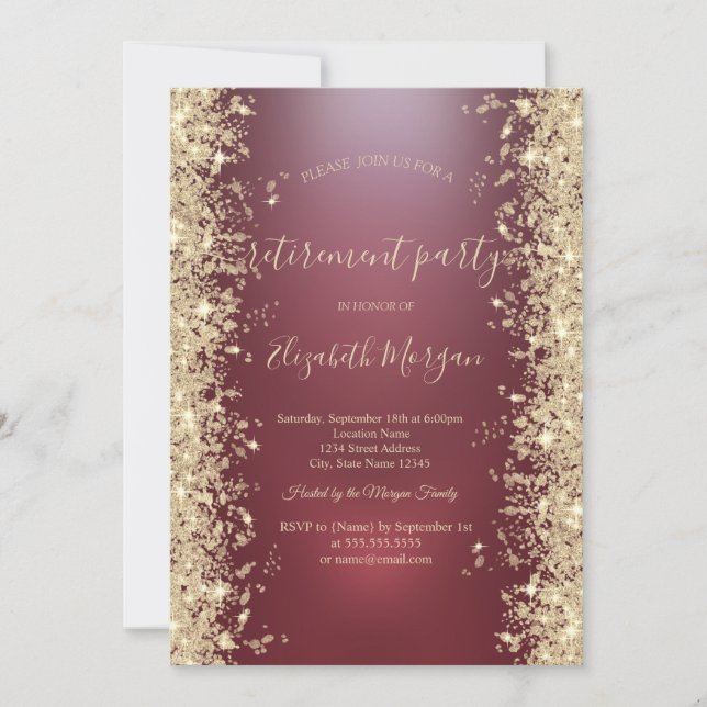 Gold Sparkle Diamonds Red Retirement Party Invitation (Front)