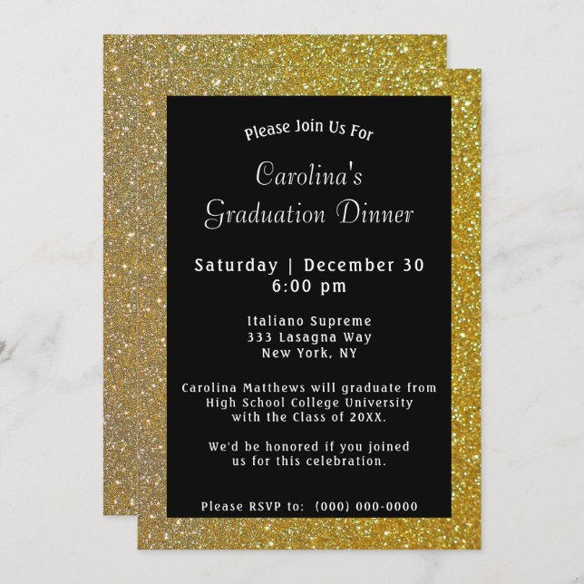 Gold Sparkle Dinner Black Graduation Invitation (Front/Back)
