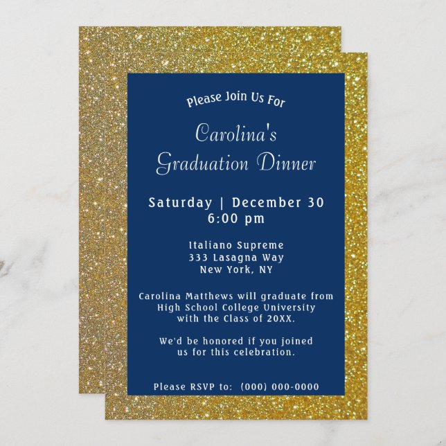 Gold Sparkle Dinner Blue Graduation Invitation (Front/Back)