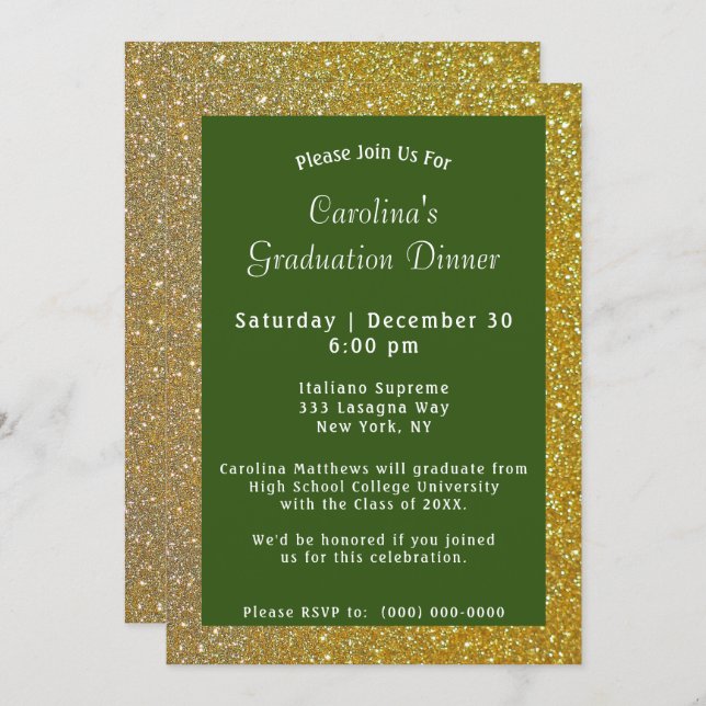 Gold Sparkle Dinner Green Graduation Invitation (Front/Back)