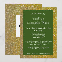 Gold Sparkle Dinner Green Graduation Invitation