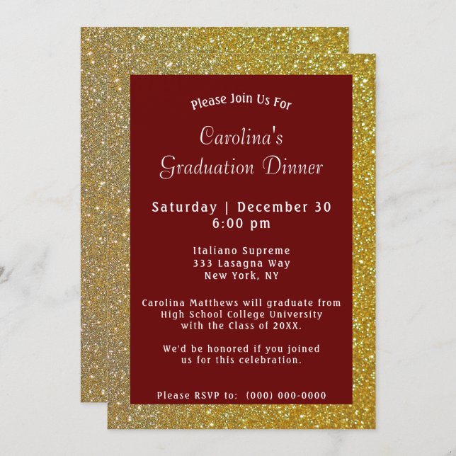 Gold Sparkle Dinner Maroon Graduation Invitation (Front/Back)