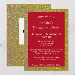 Gold Sparkle Dinner Red Graduation Invitation