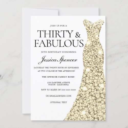 Gold Sparkle Dress 30  Fabulous 30th Birthday Invitation