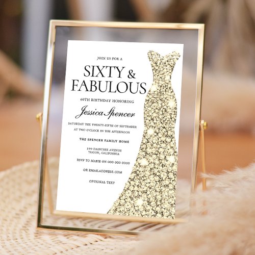 Gold Sparkle Dress 60  Fabulous 60th Birthday Invitation