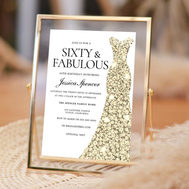 Gold Sparkle Dress 60 & Fabulous 60th Birthday Invitation