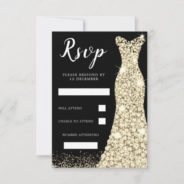 Gold Sparkle Dress Birthday Party Bridal Black RSVP Card (Front)