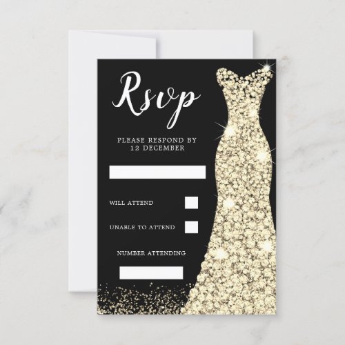 Gold Sparkle Dress Birthday Party Bridal Black RSVP Card