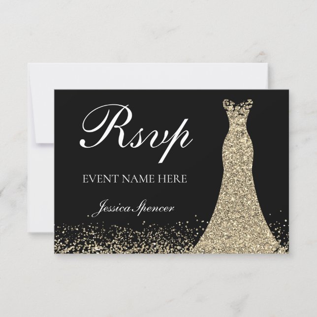 Gold Sparkle Dress Birthday Party Bridal RSVP Card (Front)
