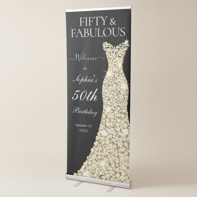 Gold Sparkle Dress Black 50th Birthday Party Retractable Banner (3/4)