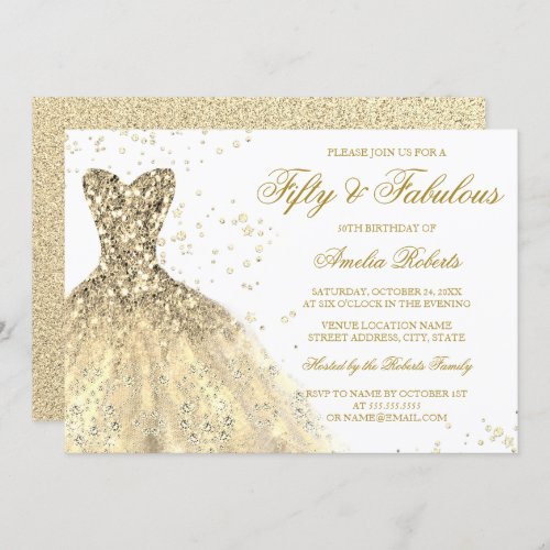 Gold Sparkle Dress Fabulous 50th Birthday Party Invitation