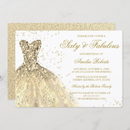 Gold Sparkle Dress Fabulous 60th Birthday Party Invitation