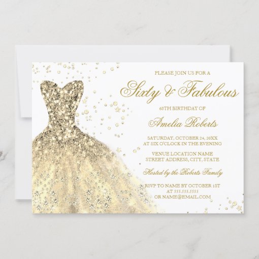 Gold Sparkle Dress Fabulous 60th Birthday Party Invitation | Zazzle