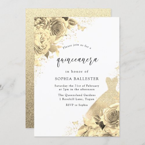 Gold Sparkle Dress  Flowers Quinceanera Party Invitation