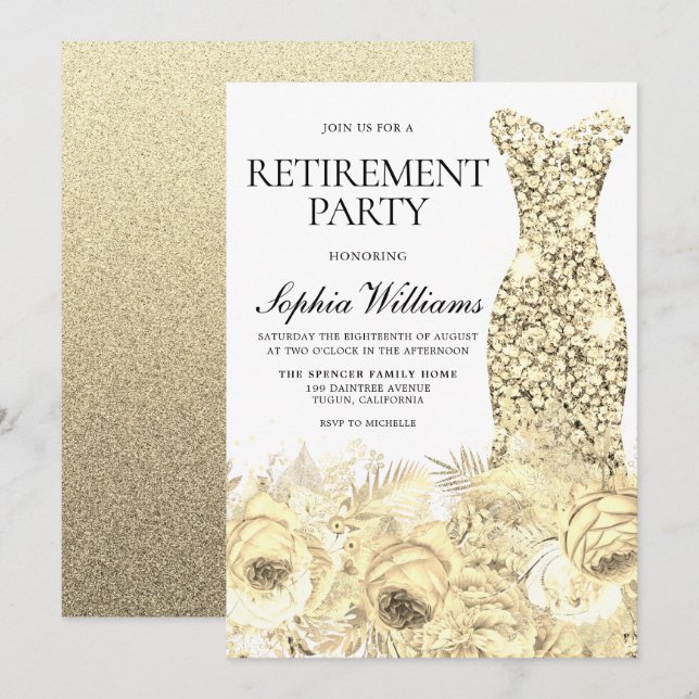 Gold Sparkle Dress & Flowers Retirement Party Invitation (Front/Back)