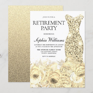 Gold Sparkle Dress & Flowers Retirement Party Invitation