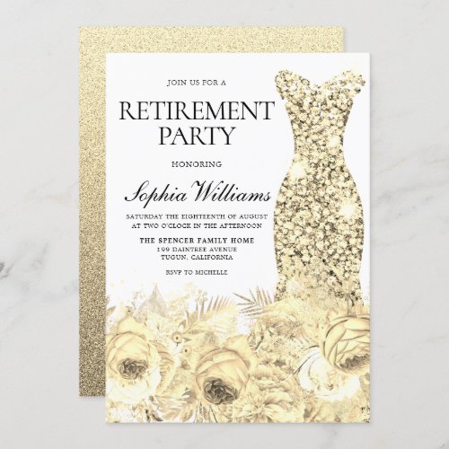 Gold Sparkle Dress  Flowers Retirement Party Invitation