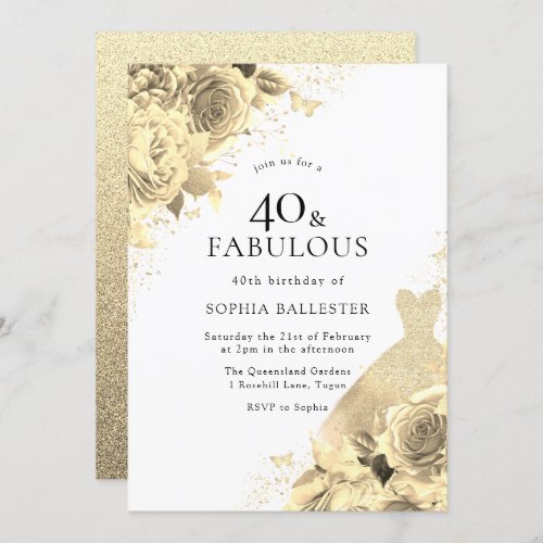 Gold Sparkle Dress  Flowers Womans 40th Birthday Invitation