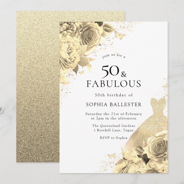 Gold Sparkle Dress & Flowers Womans 50th Birthday Invitation (Front/Back)