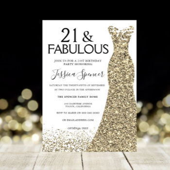 Gold Sparkle Dress Girls 21st Birthday Party Invitation by Nicheandnest at Zazzle