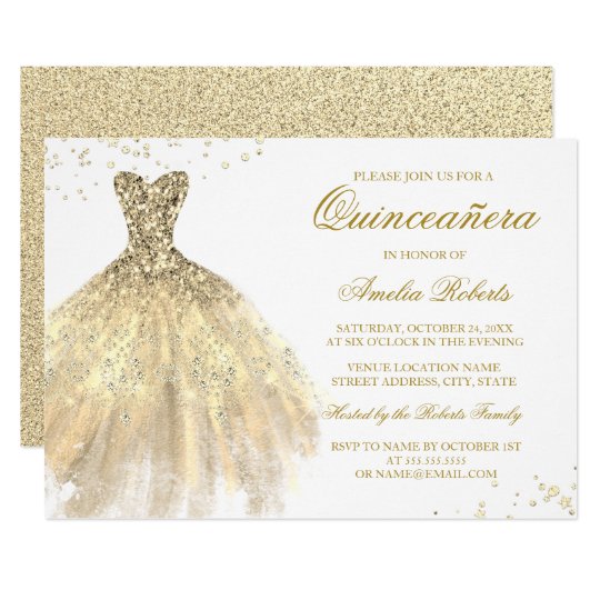 Gold Sparkle Dress Quinceanera Invitation | Zazzle.com