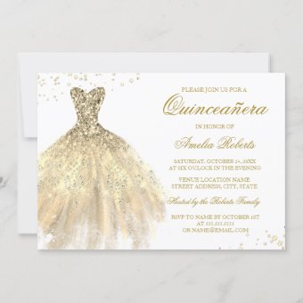 Gold Sparkle Dress Quinceanera Invitation | Zazzle