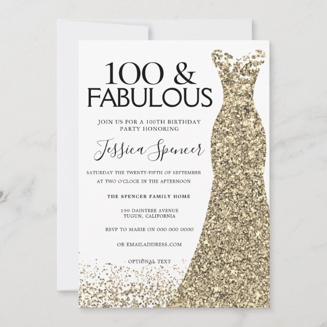 Gold Sparkle Dress Womans 100th Birthday Party Invitation (Front)