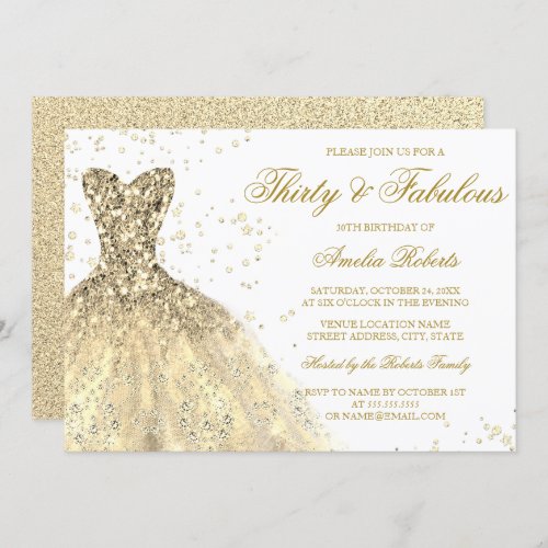 Gold Sparkle Dress Womans 30th Birthday Party Invitation