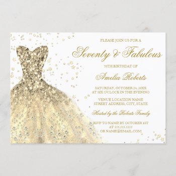 Gold Sparkle Dress Womans 70th Birthday Party Invitation by LittleBayleigh at Zazzle