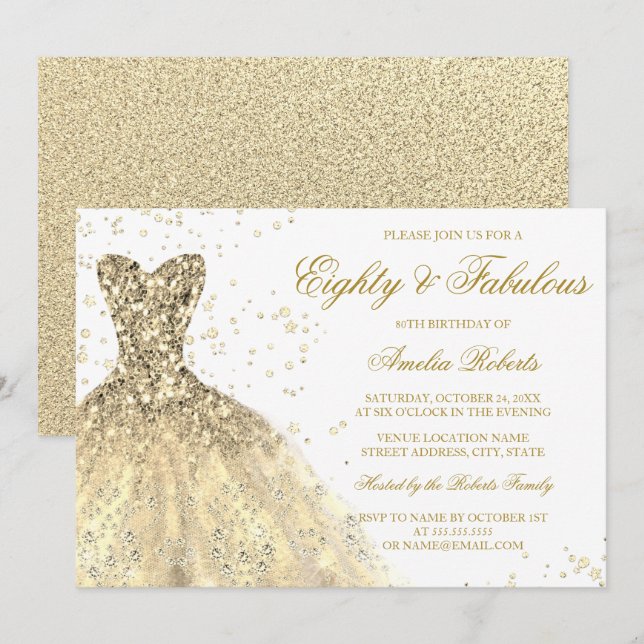 Gold Sparkle Dress Womans 80th Birthday Party Invitation (Front/Back)