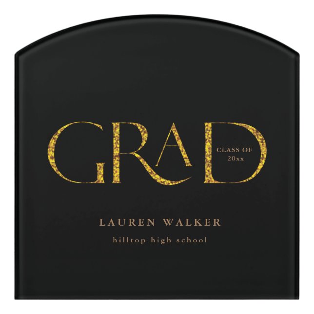 gold sparkle elegant script graduate door sign (Contour Front)