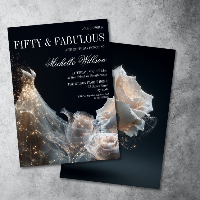 Gold Sparkle Fifty and Fabulous Gown Dress Invitation (glitter sparkling white dress with white roses on the black background, fifty and fabulous birthday )