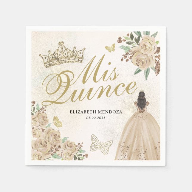 Gold Sparkle Floral Princess Quinceañera Birthday Napkins (Front)