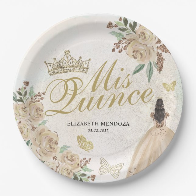 Gold Sparkle Floral Princess Quinceañera Birthday Paper Plates (Front)
