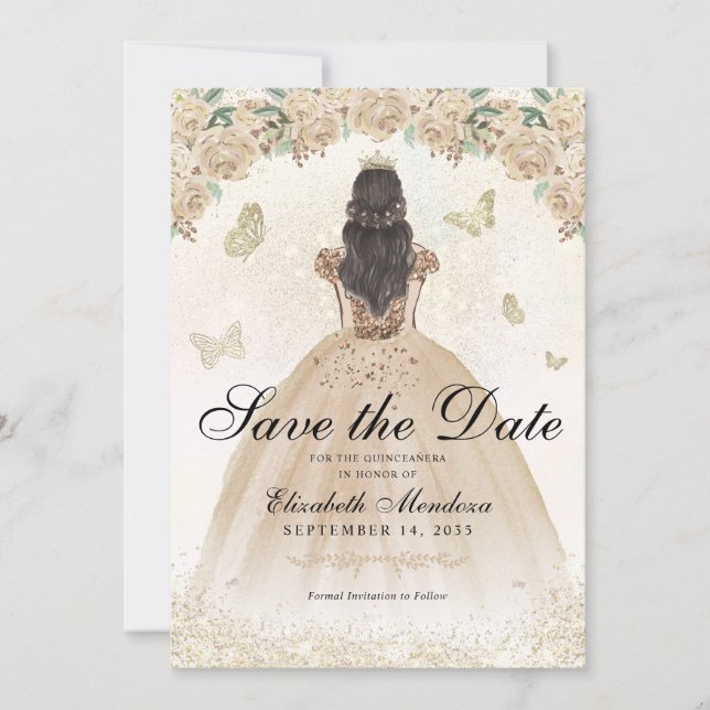 Gold Sparkle Floral Princess Quinceañera Birthday Save The Date (Front)