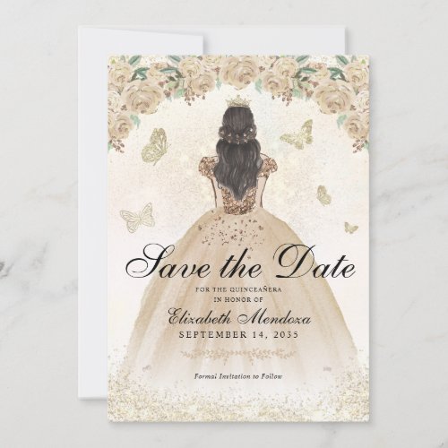 Gold Sparkle Floral Princess Quinceaera Birthday Save The Date