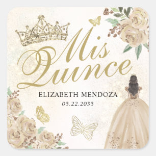 Gold Sparkle Floral Princess Quinceañera Birthday Square Sticker