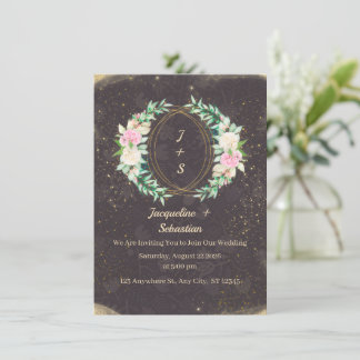 Gold Sparkle Floral Wreath Wedding Invitation